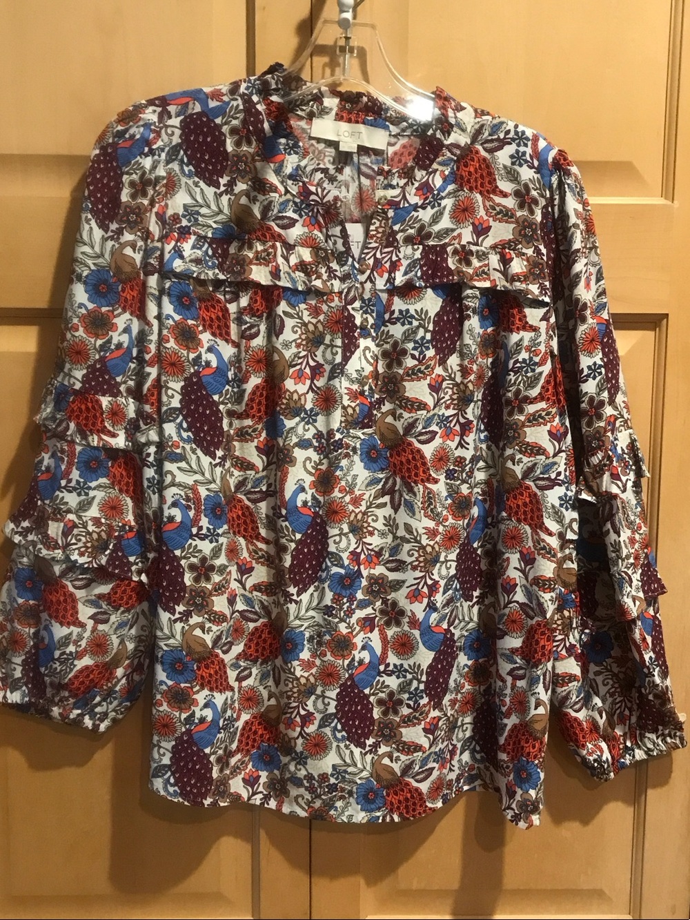 New LOFT White Blouse with Orange, Blue, Red and Brown Peacock Floral Print